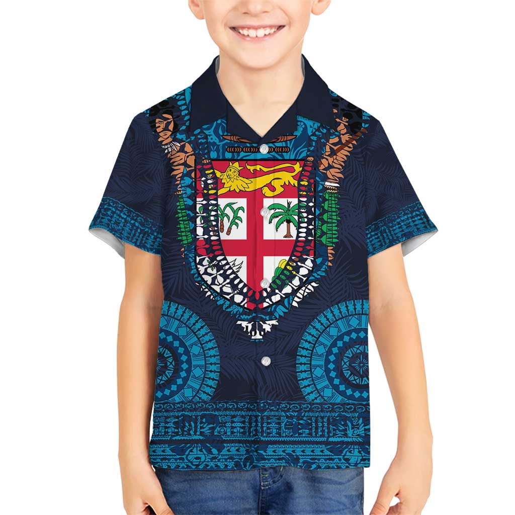 Fiji Coat of Arms Traditional Dashiki Family Matching Summer Maxi Dress and Hawaiian Shirt Tapa Art and Palm Leaves Pattern Dark Navy Color - Polynesian Pride