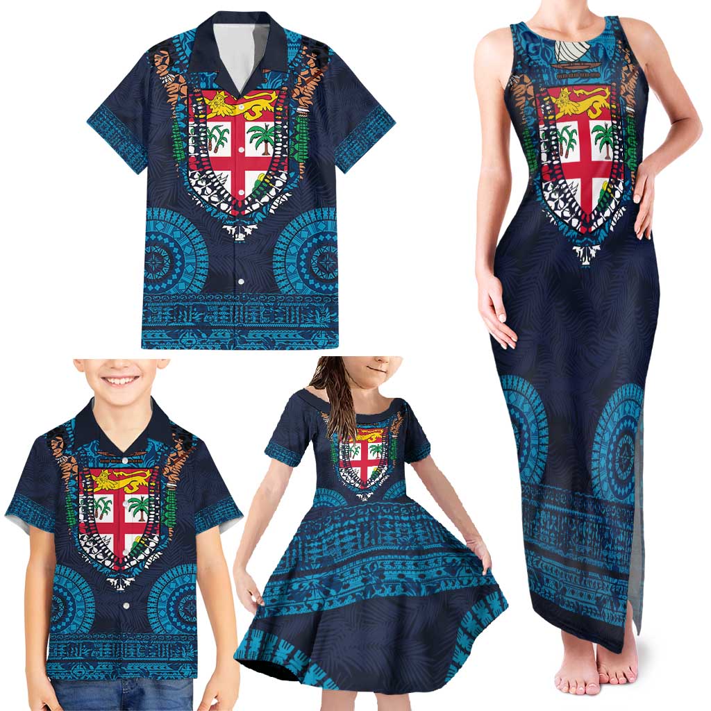 Fiji Coat of Arms Traditional Dashiki Family Matching Tank Maxi Dress and Hawaiian Shirt Tapa Art and Palm Leaves Pattern Dark Navy Color - Polynesian Pride