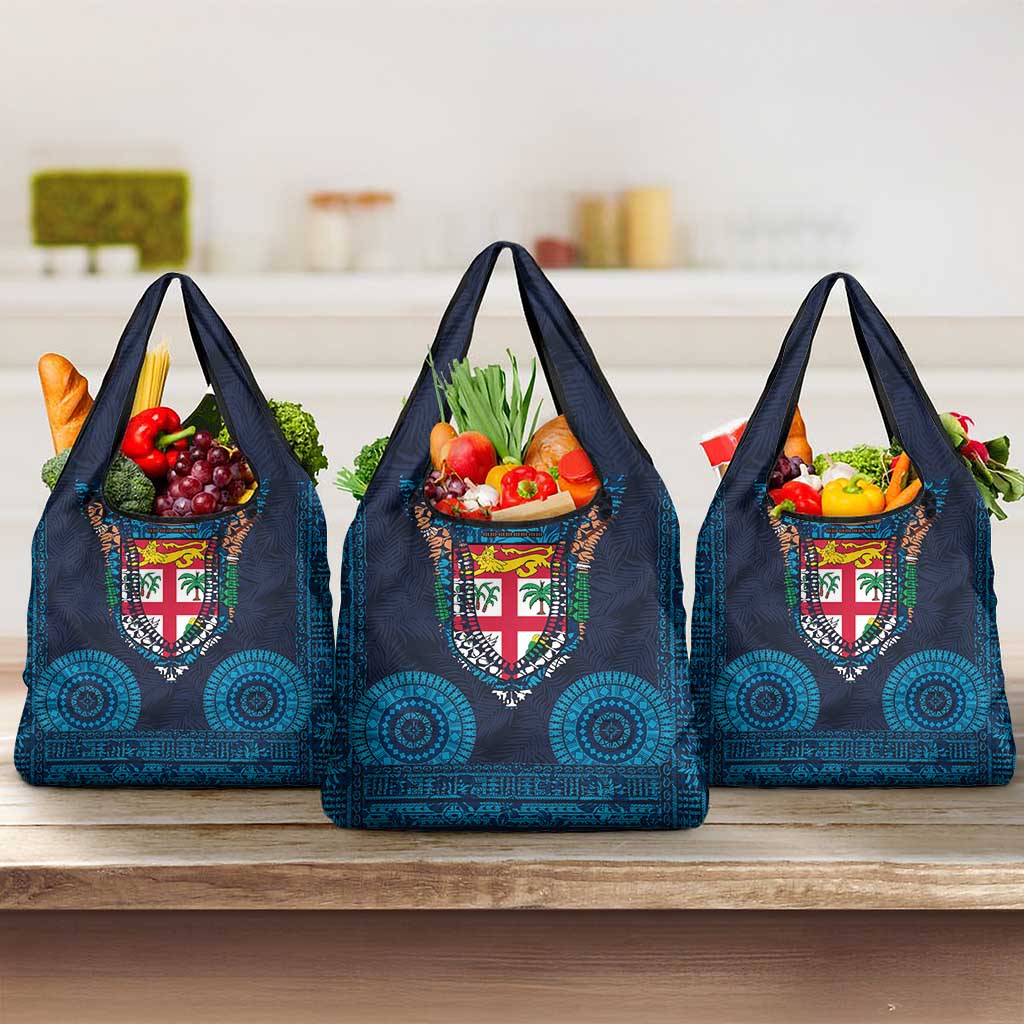 Fiji Coat of Arms Traditional Dashiki Grocery Bag Tapa Art and Palm Leaves Pattern Dark Navy Color LT03 3-pack One Size Navy - Polynesian Pride