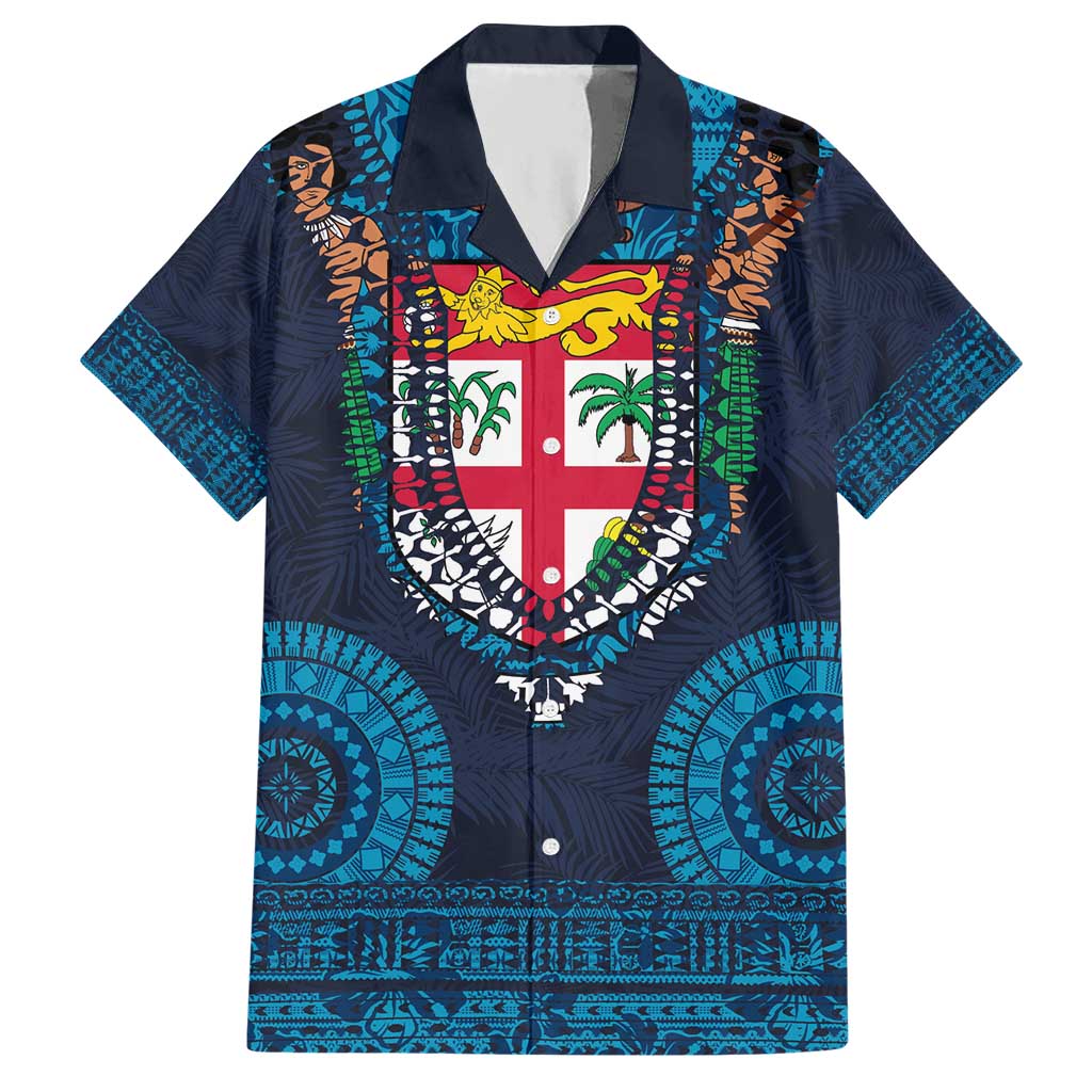 Fiji Coat of Arms Traditional Dashiki Hawaiian Shirt Tapa Art and Palm Leaves Pattern Dark Navy Color - Polynesian Pride