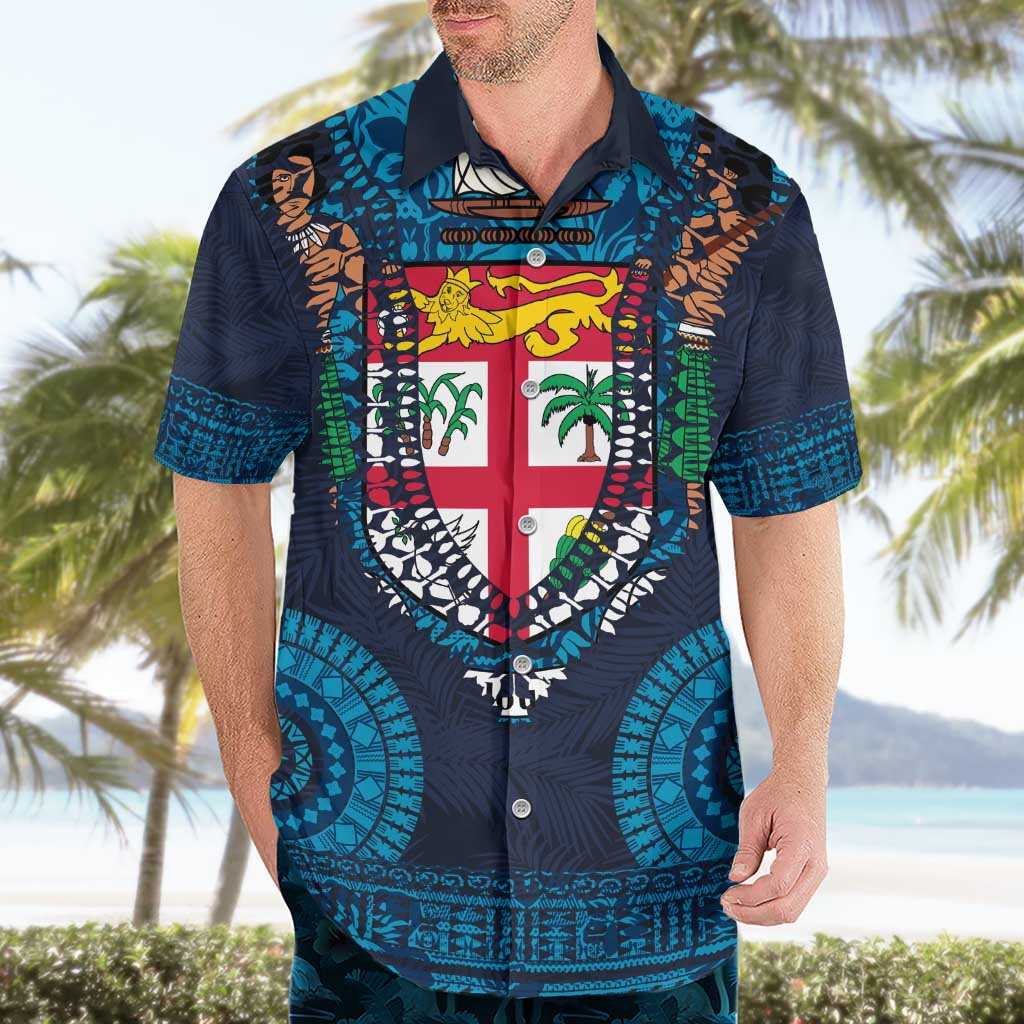Fiji Coat of Arms Traditional Dashiki Hawaiian Shirt Tapa Art and Palm Leaves Pattern Dark Navy Color - Polynesian Pride
