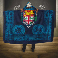 Fiji Coat of Arms Traditional Dashiki Hooded Blanket Tapa Art and Palm Leaves Pattern Dark Navy Color - Polynesian Pride