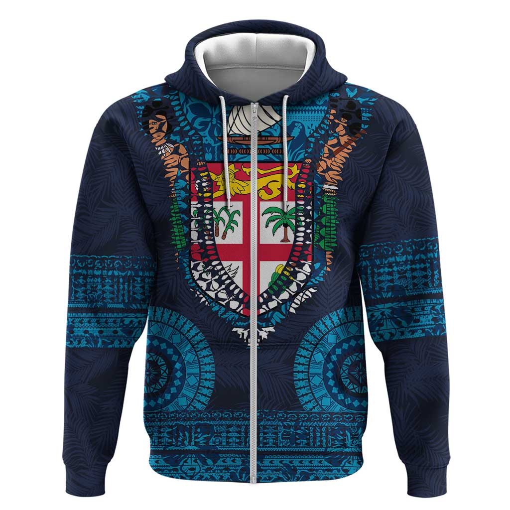 Fiji Coat of Arms Traditional Dashiki Hoodie Tapa Art and Palm Leaves Pattern Dark Navy Color - Polynesian Pride
