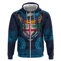 Fiji Coat of Arms Traditional Dashiki Hoodie Tapa Art and Palm Leaves Pattern Dark Navy Color - Polynesian Pride