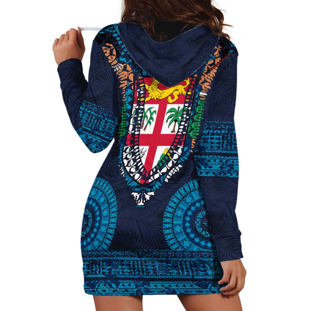 Fiji Coat of Arms Traditional Dashiki Hoodie Dress Tapa Art and Palm Leaves Pattern Dark Navy Color - Polynesian Pride