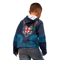 Fiji Coat of Arms Traditional Dashiki Kid Hoodie Tapa Art and Palm Leaves Pattern Dark Navy Color - Polynesian Pride