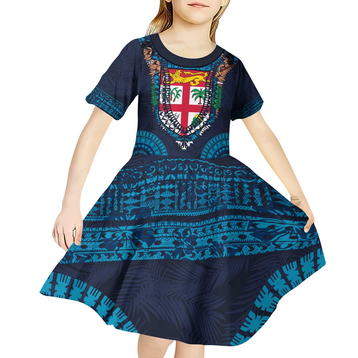 Fiji Coat of Arms Traditional Dashiki Kid Short Sleeve Dress Tapa Art and Palm Leaves Pattern Dark Navy Color - Polynesian Pride