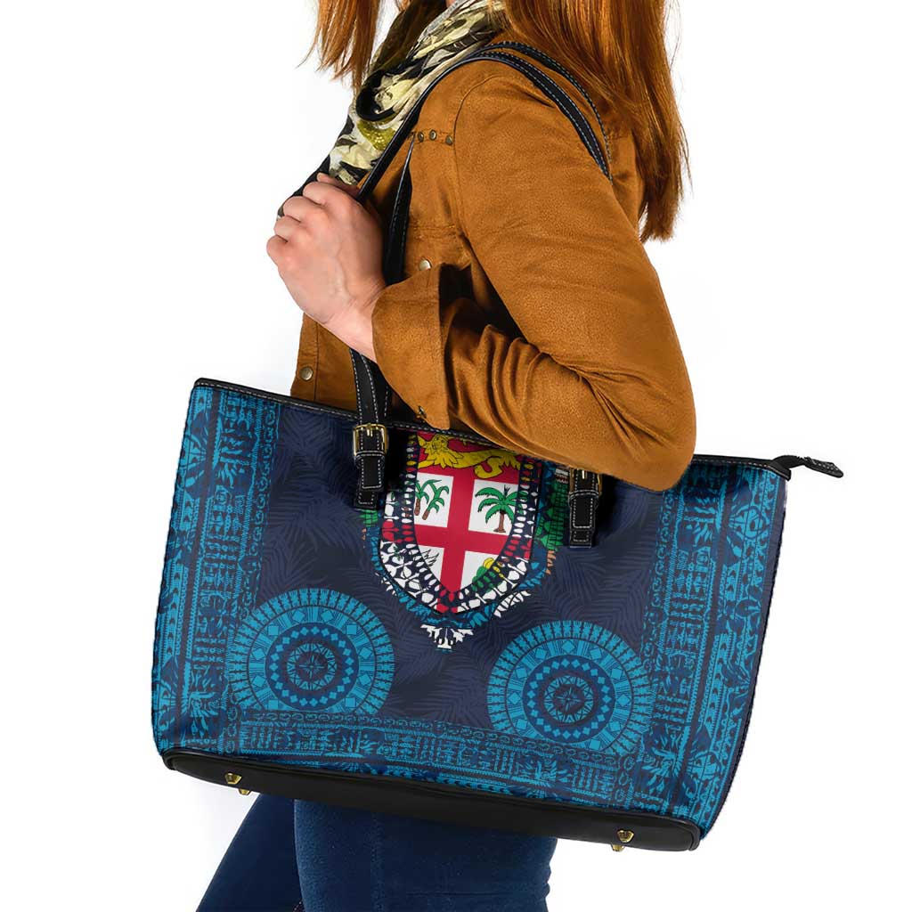 Fiji Coat of Arms Traditional Dashiki Leather Tote Bag Tapa Art and Palm Leaves Pattern Dark Navy Color - Polynesian Pride