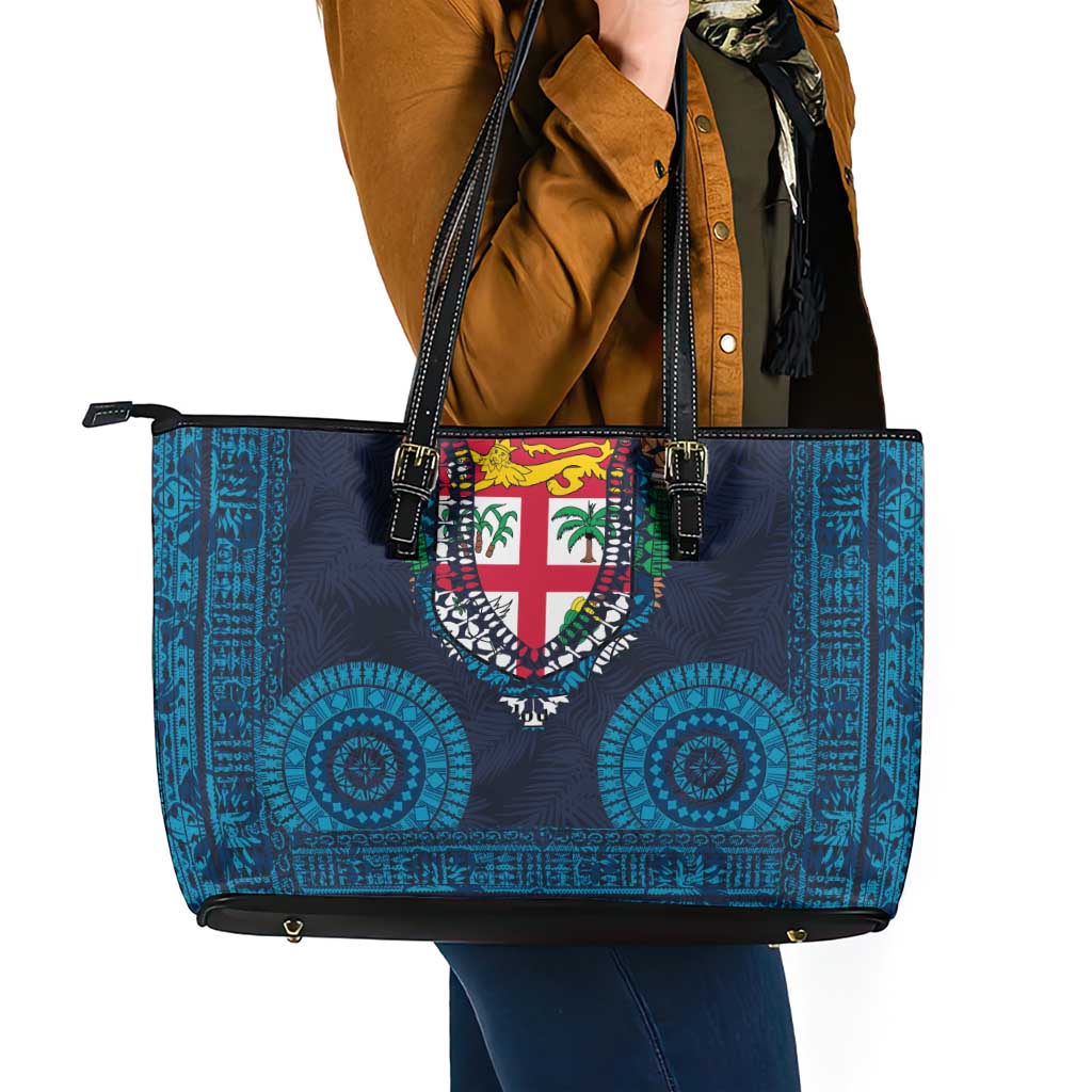 Fiji Coat of Arms Traditional Dashiki Leather Tote Bag Tapa Art and Palm Leaves Pattern Dark Navy Color - Polynesian Pride