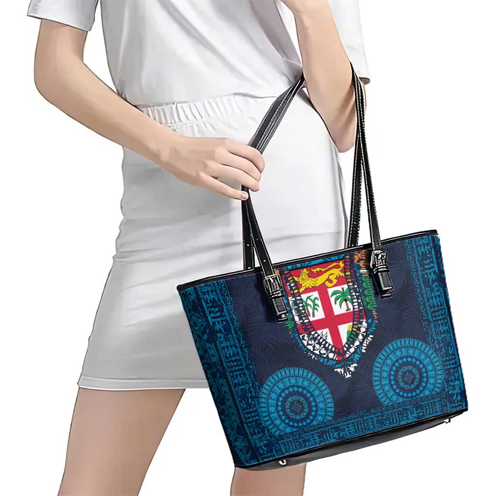 Fiji Coat of Arms Traditional Dashiki Leather Tote Bag Tapa Art and Palm Leaves Pattern Dark Navy Color - Polynesian Pride