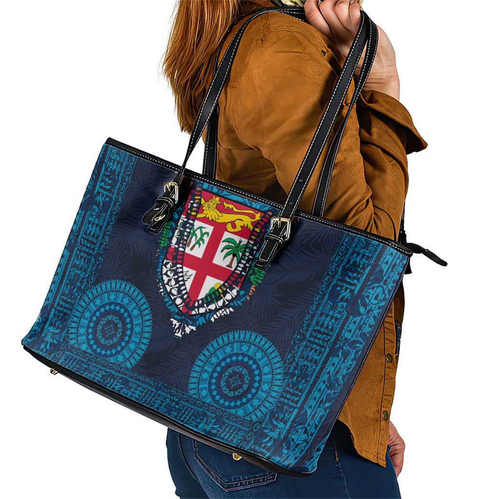 Fiji Coat of Arms Traditional Dashiki Leather Tote Bag Tapa Art and Palm Leaves Pattern Dark Navy Color - Polynesian Pride