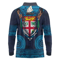 Fiji Coat of Arms Traditional Dashiki Long Sleeve Polo Shirt Tapa Art and Palm Leaves Pattern Dark Navy Color - Polynesian Pride