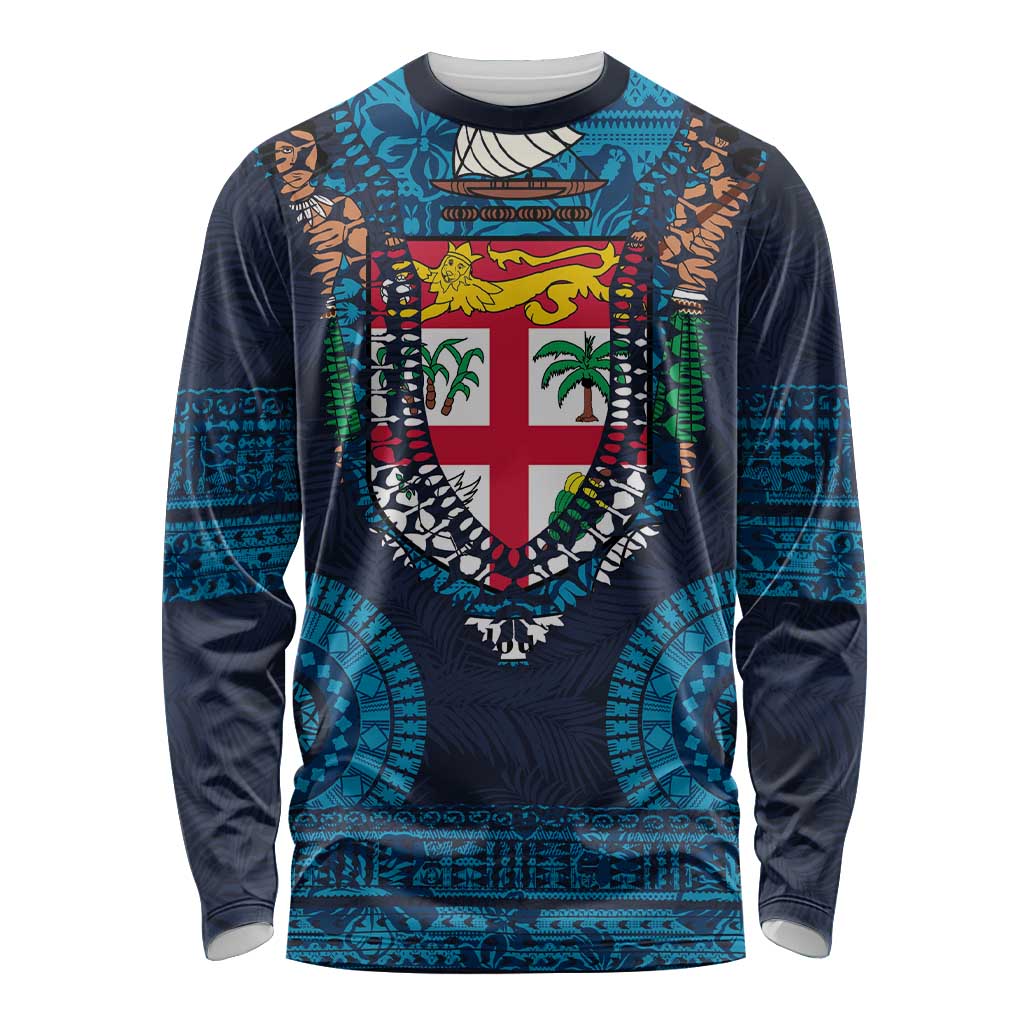 Fiji Coat of Arms Traditional Dashiki Long Sleeve Shirt Tapa Art and Palm Leaves Pattern Dark Navy Color - Polynesian Pride