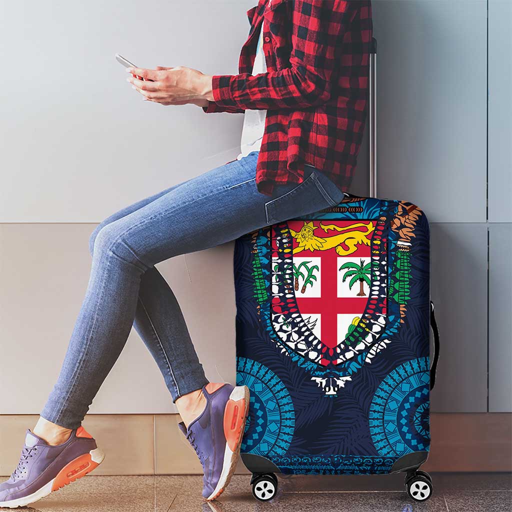 Fiji Coat of Arms Traditional Dashiki Luggage Cover Tapa Art and Palm Leaves Pattern Dark Navy Color - Polynesian Pride