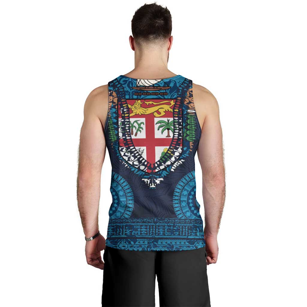 Fiji Coat of Arms Traditional Dashiki Men Tank Top Tapa Art and Palm Leaves Pattern Dark Navy Color - Polynesian Pride
