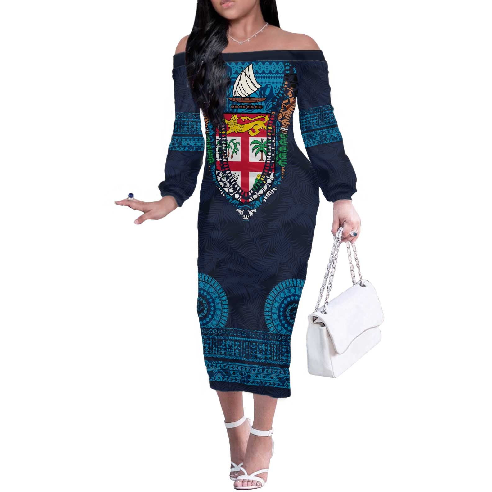Fiji Coat of Arms Traditional Dashiki Off The Shoulder Long Sleeve Dress Tapa Art and Palm Leaves Pattern Dark Navy Color - Polynesian Pride