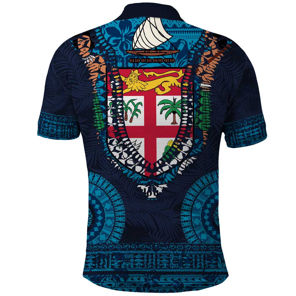 Fiji Coat of Arms Traditional Dashiki Polo Shirt Tapa Art and Palm Leaves Pattern Dark Navy Color - Polynesian Pride