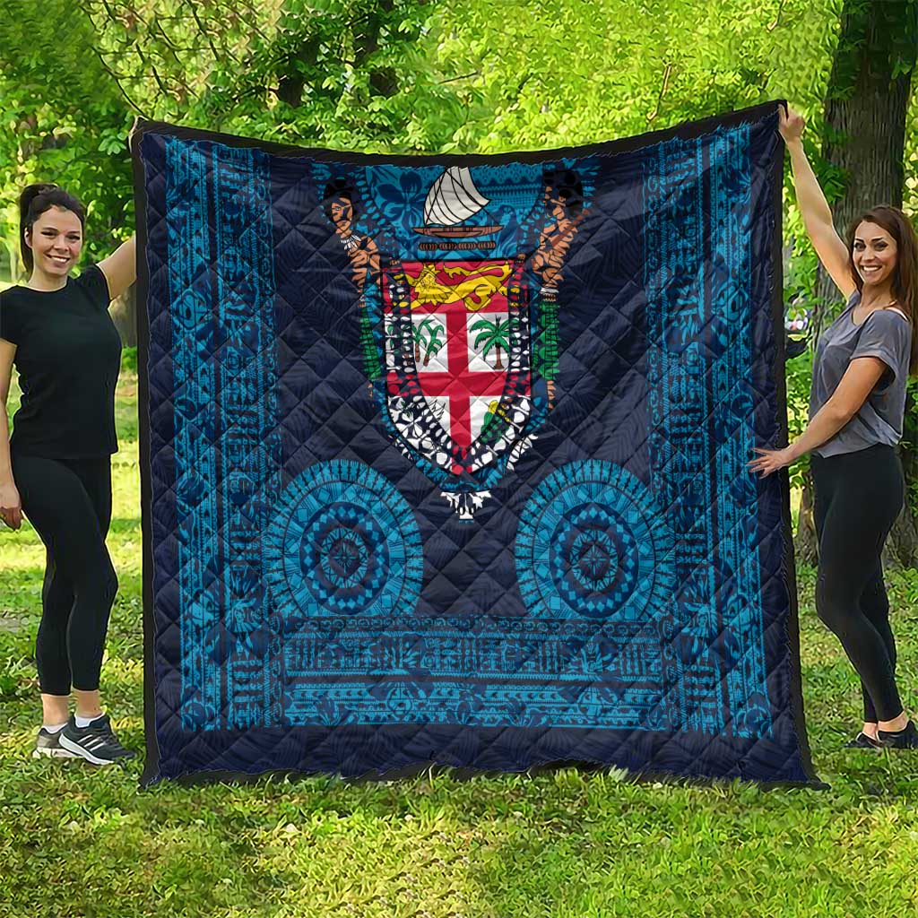 Fiji Coat of Arms Traditional Dashiki Quilt Tapa Art and Palm Leaves Pattern Dark Navy Color - Polynesian Pride