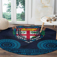 Fiji Coat of Arms Traditional Dashiki Round Carpet Tapa Art and Palm Leaves Pattern Dark Navy Color - Polynesian Pride
