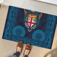 Fiji Coat of Arms Traditional Dashiki Rubber Doormat Tapa Art and Palm Leaves Pattern Dark Navy Color - Polynesian Pride
