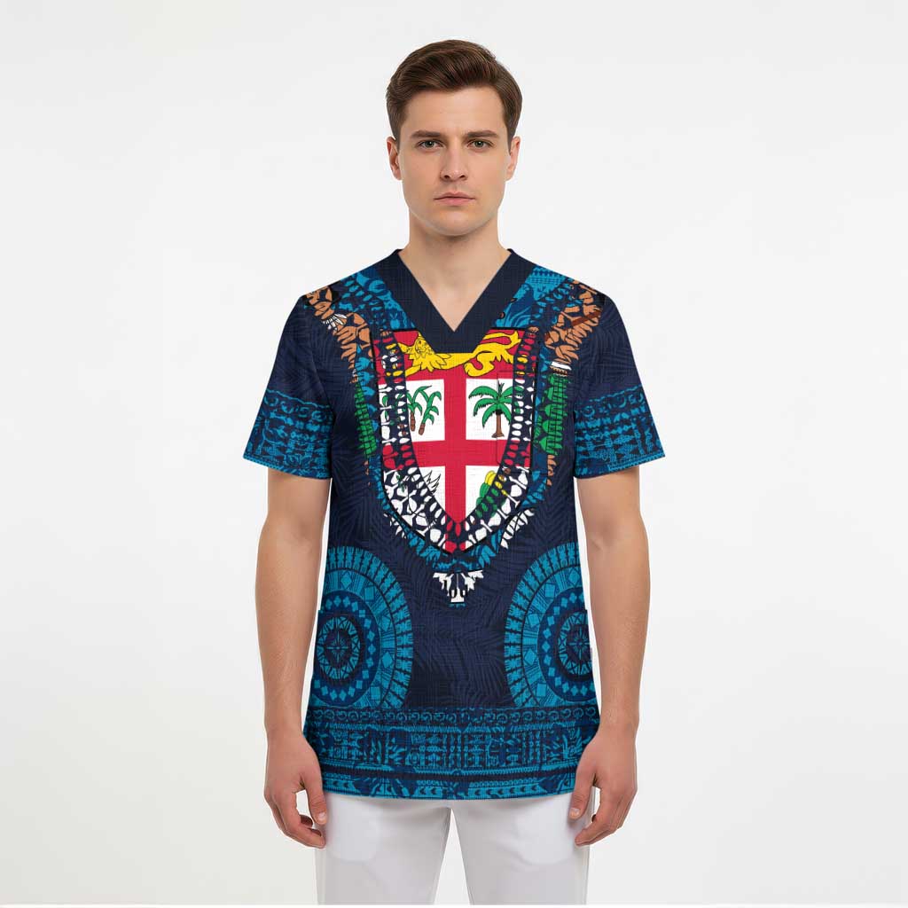 Fiji Coat of Arms Traditional Dashiki Scrub Top Tapa Art and Palm Leaves Pattern Dark Navy Color - Polynesian Pride