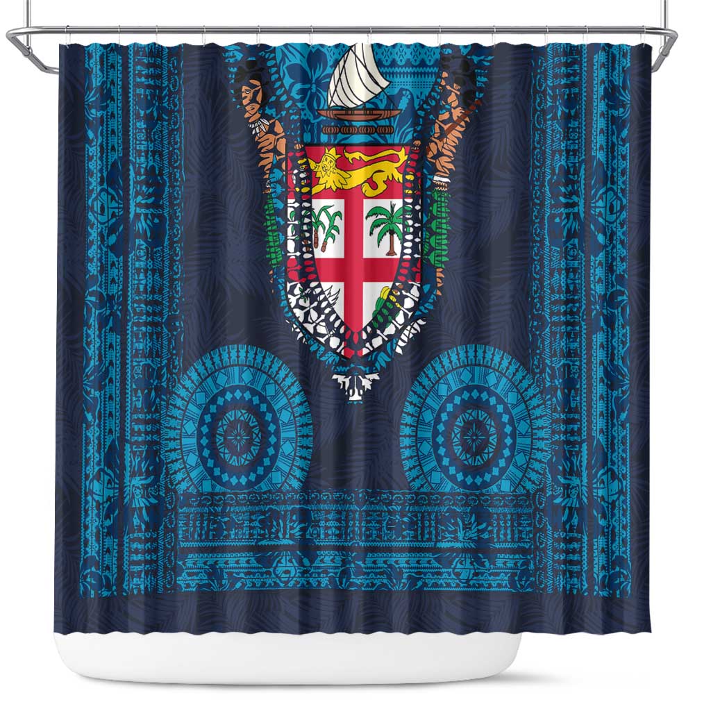 Fiji Coat of Arms Traditional Dashiki Shower Curtain Tapa Art and Palm Leaves Pattern Dark Navy Color - Polynesian Pride