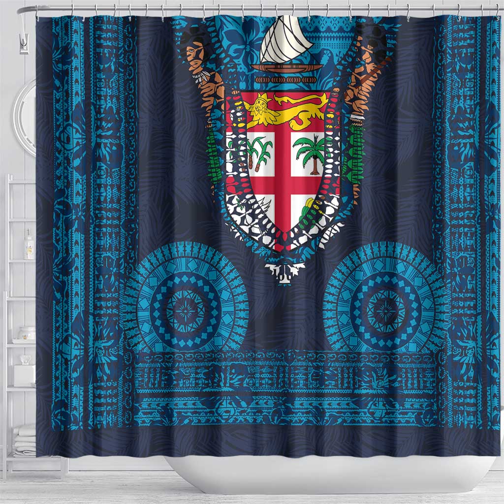 Fiji Coat of Arms Traditional Dashiki Shower Curtain Tapa Art and Palm Leaves Pattern Dark Navy Color - Polynesian Pride