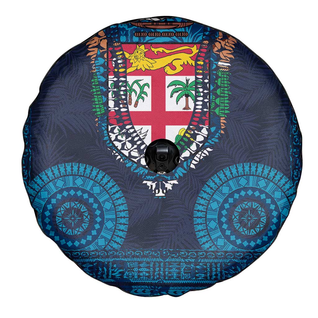 Fiji Coat of Arms Traditional Dashiki Spare Tire Cover Tapa Art and Palm Leaves Pattern Dark Navy Color LT03 - Polynesian Pride