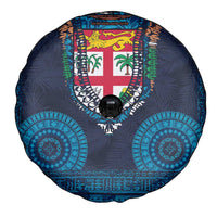 Fiji Coat of Arms Traditional Dashiki Spare Tire Cover Tapa Art and Palm Leaves Pattern Dark Navy Color LT03 - Polynesian Pride