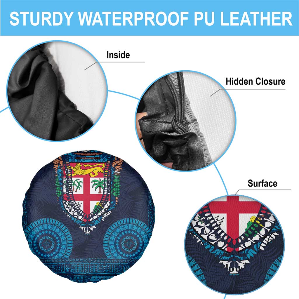 Fiji Coat of Arms Traditional Dashiki Spare Tire Cover Tapa Art and Palm Leaves Pattern Dark Navy Color LT03 - Polynesian Pride