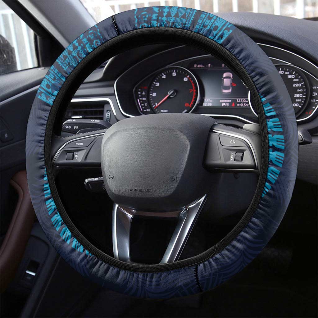 Fiji Coat of Arms Traditional Dashiki Steering Wheel Cover Tapa Art and Palm Leaves Pattern Dark Navy Color LT03 - Polynesian Pride