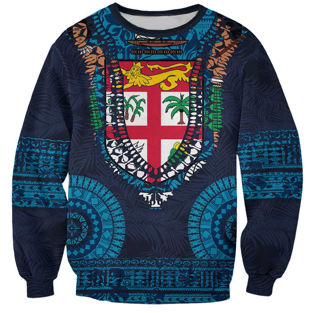 Fiji Coat of Arms Traditional Dashiki Sweatshirt Tapa Art and Palm Leaves Pattern Dark Navy Color - Polynesian Pride