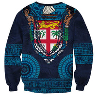 Fiji Coat of Arms Traditional Dashiki Sweatshirt Tapa Art and Palm Leaves Pattern Dark Navy Color - Polynesian Pride