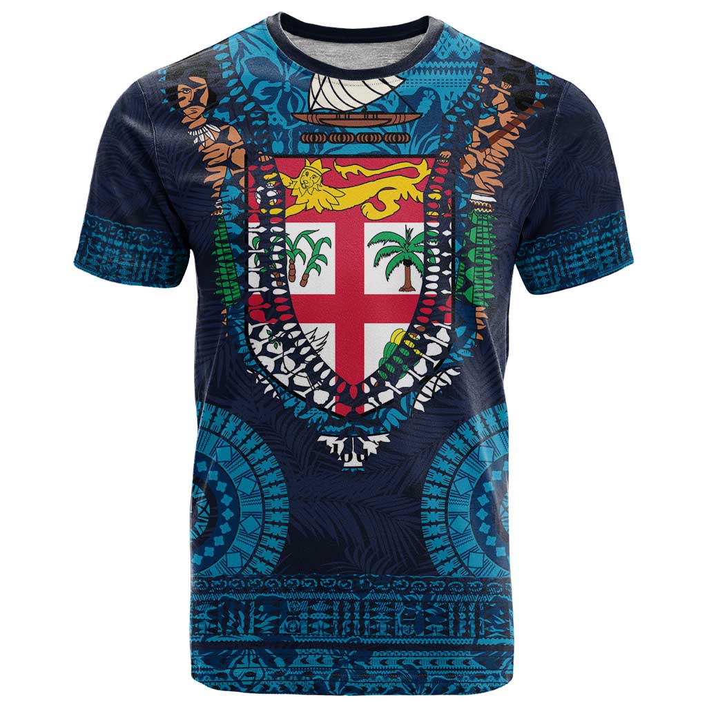 Fiji Coat of Arms Traditional Dashiki T Shirt Tapa Art and Palm Leaves Pattern Dark Navy Color - Polynesian Pride