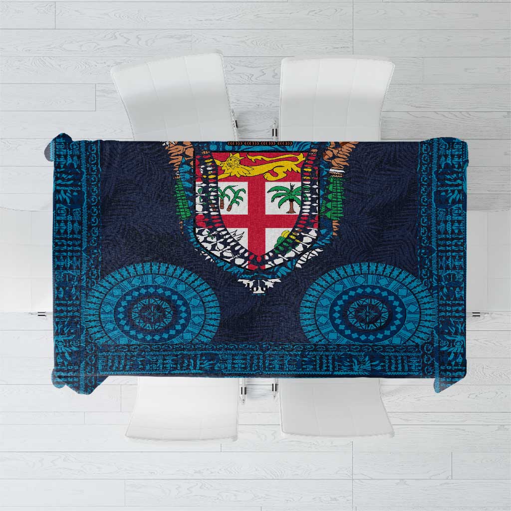 Fiji Coat of Arms Traditional Dashiki Tablecloth Tapa Art and Palm Leaves Pattern Dark Navy Color - Polynesian Pride