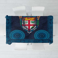 Fiji Coat of Arms Traditional Dashiki Tablecloth Tapa Art and Palm Leaves Pattern Dark Navy Color - Polynesian Pride