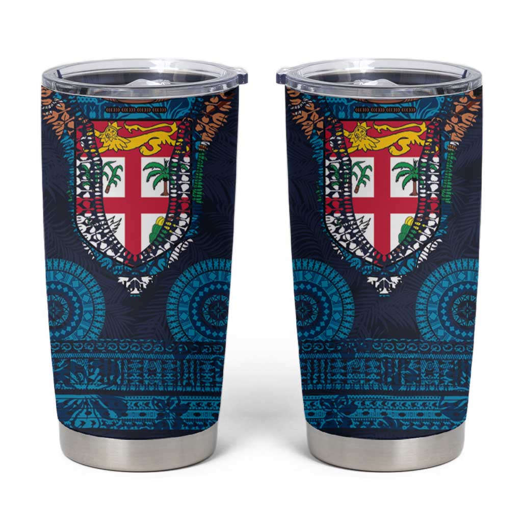 Fiji Coat of Arms Traditional Dashiki Tumbler Cup Tapa Art and Palm Leaves Pattern Dark Navy Color - Polynesian Pride