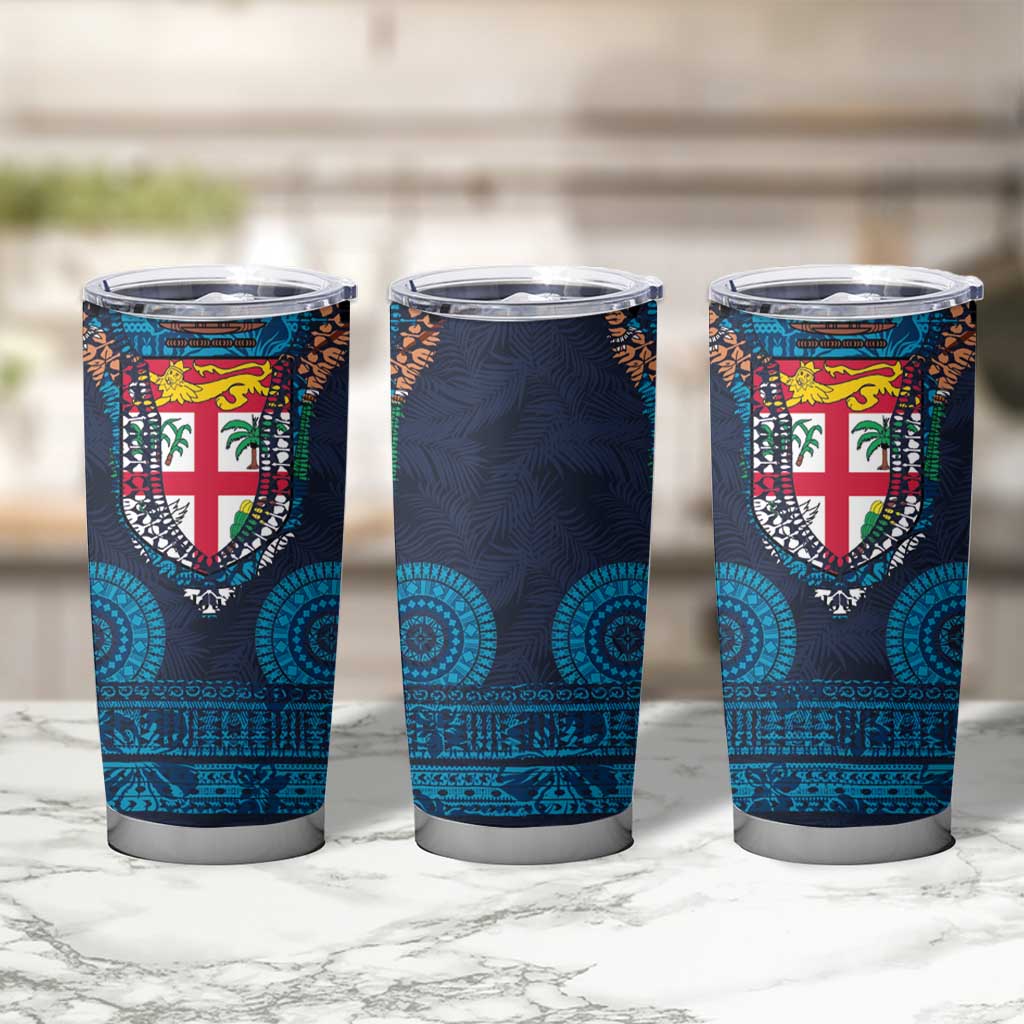 Fiji Coat of Arms Traditional Dashiki Tumbler Cup Tapa Art and Palm Leaves Pattern Dark Navy Color - Polynesian Pride