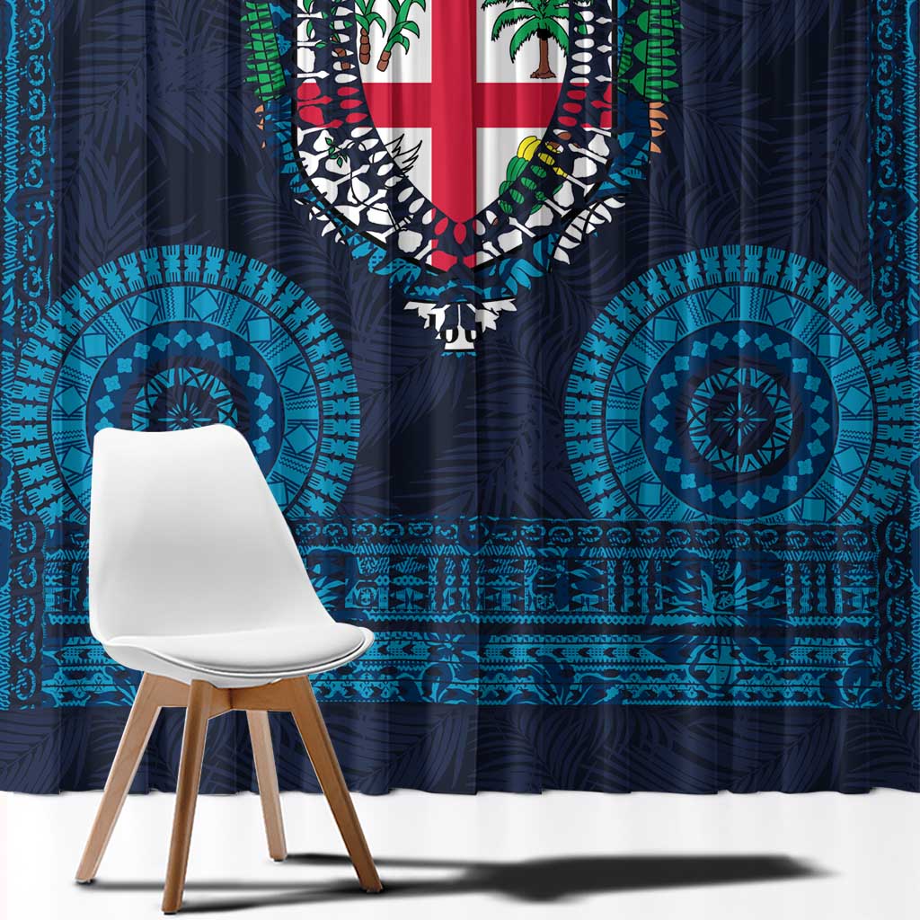 Fiji Coat of Arms Traditional Dashiki Window Curtain Tapa Art and Palm Leaves Pattern Dark Navy Color LT03 - Polynesian Pride