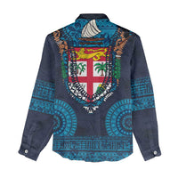 Fiji Coat of Arms Traditional Dashiki Women Casual Shirt Tapa Art and Palm Leaves Pattern Dark Navy Color - Polynesian Pride