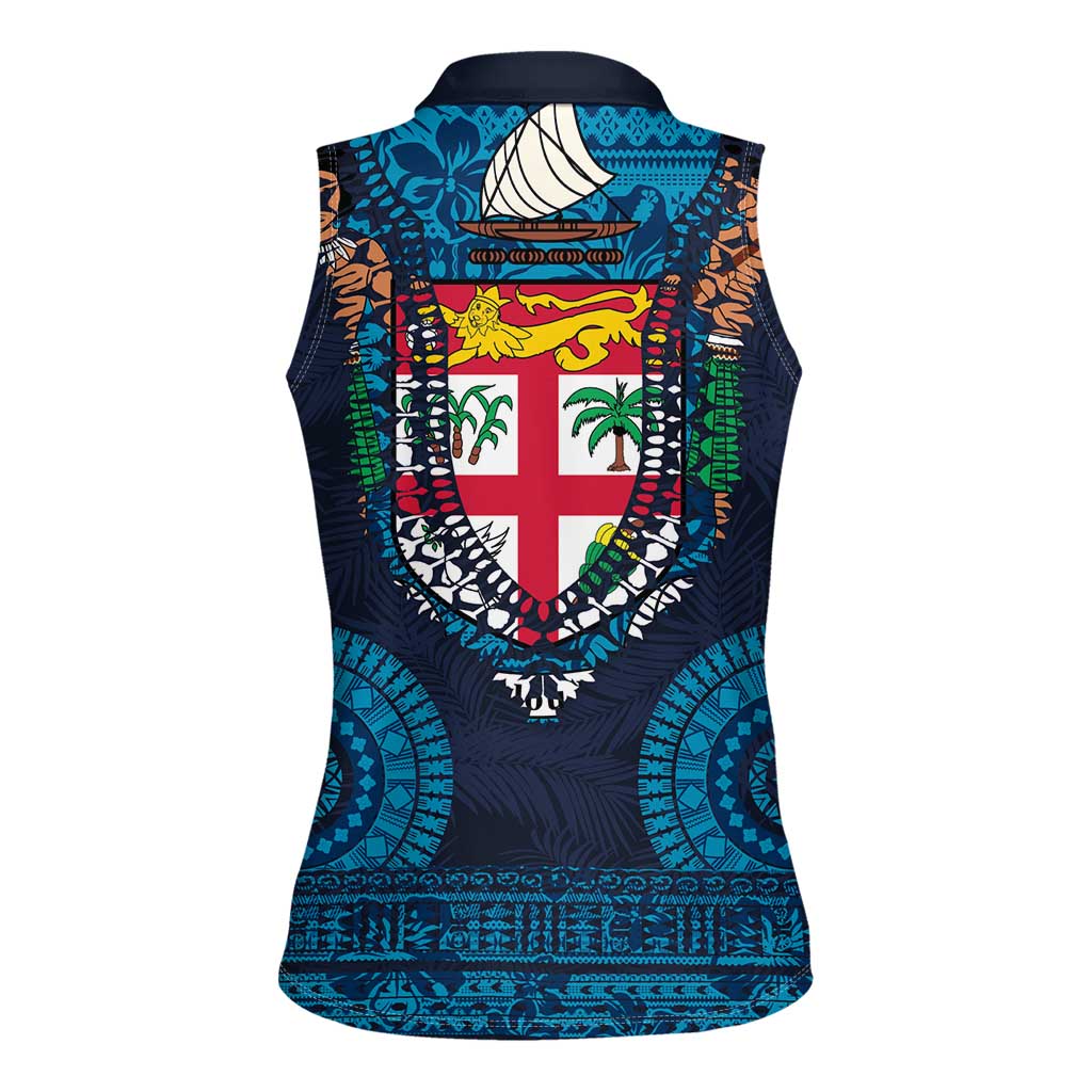 Fiji Coat of Arms Traditional Dashiki Women Sleeveless Polo Shirt Tapa Art and Palm Leaves Pattern Dark Navy Color - Polynesian Pride