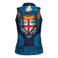 Fiji Coat of Arms Traditional Dashiki Women Sleeveless Polo Shirt Tapa Art and Palm Leaves Pattern Dark Navy Color - Polynesian Pride