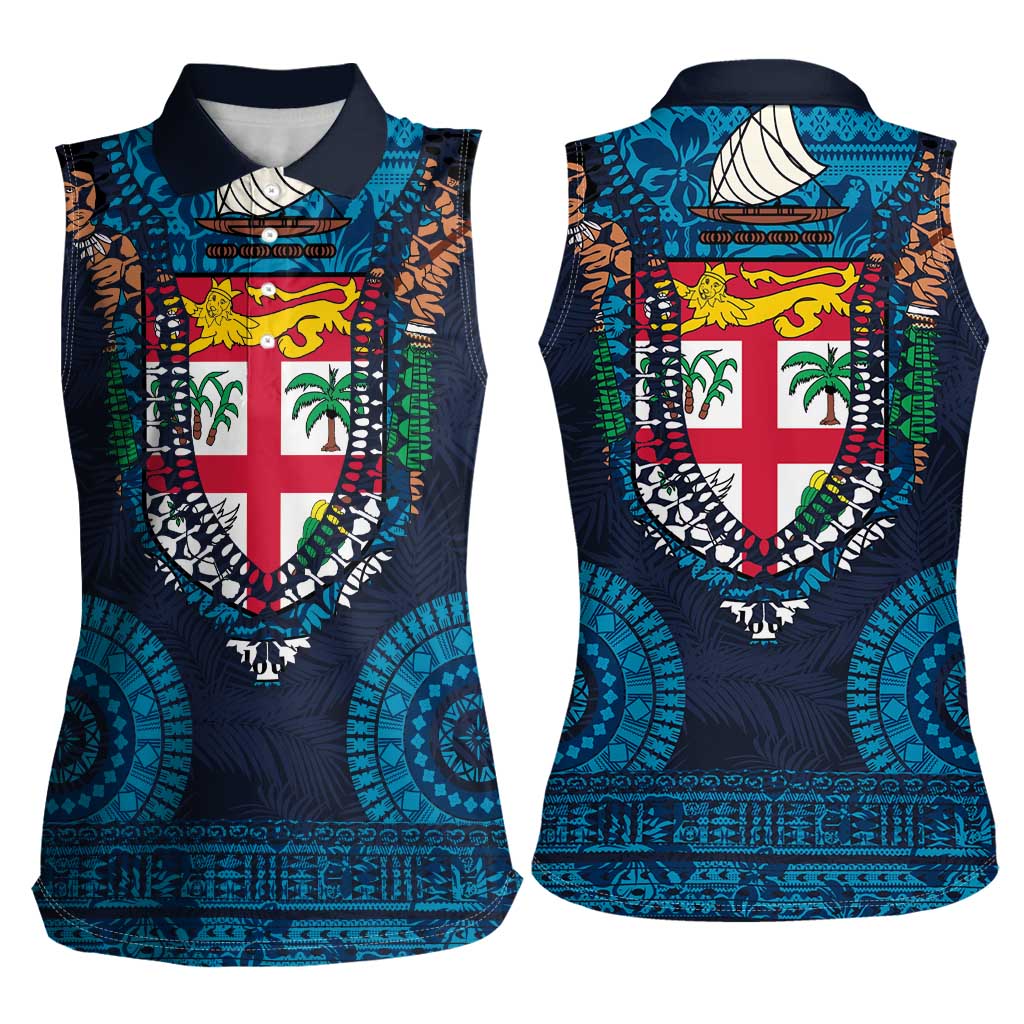 Fiji Coat of Arms Traditional Dashiki Women Sleeveless Polo Shirt Tapa Art and Palm Leaves Pattern Dark Navy Color - Polynesian Pride