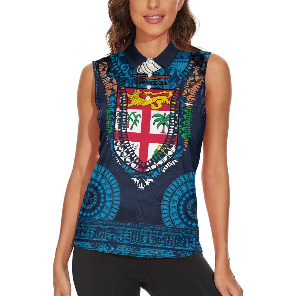 Fiji Coat of Arms Traditional Dashiki Women Sleeveless Polo Shirt Tapa Art and Palm Leaves Pattern Dark Navy Color - Polynesian Pride