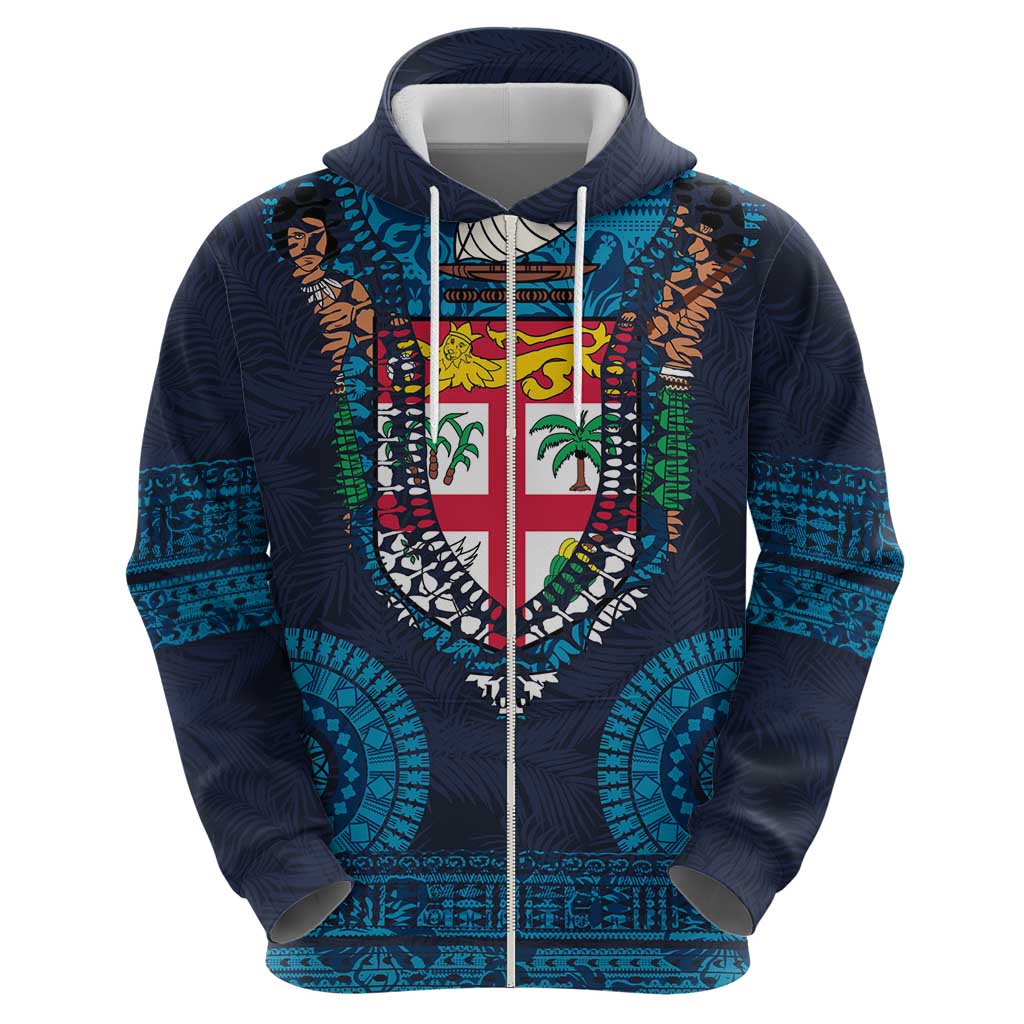 Fiji Coat of Arms Traditional Dashiki Zip Hoodie Tapa Art and Palm Leaves Pattern Dark Navy Color - Polynesian Pride