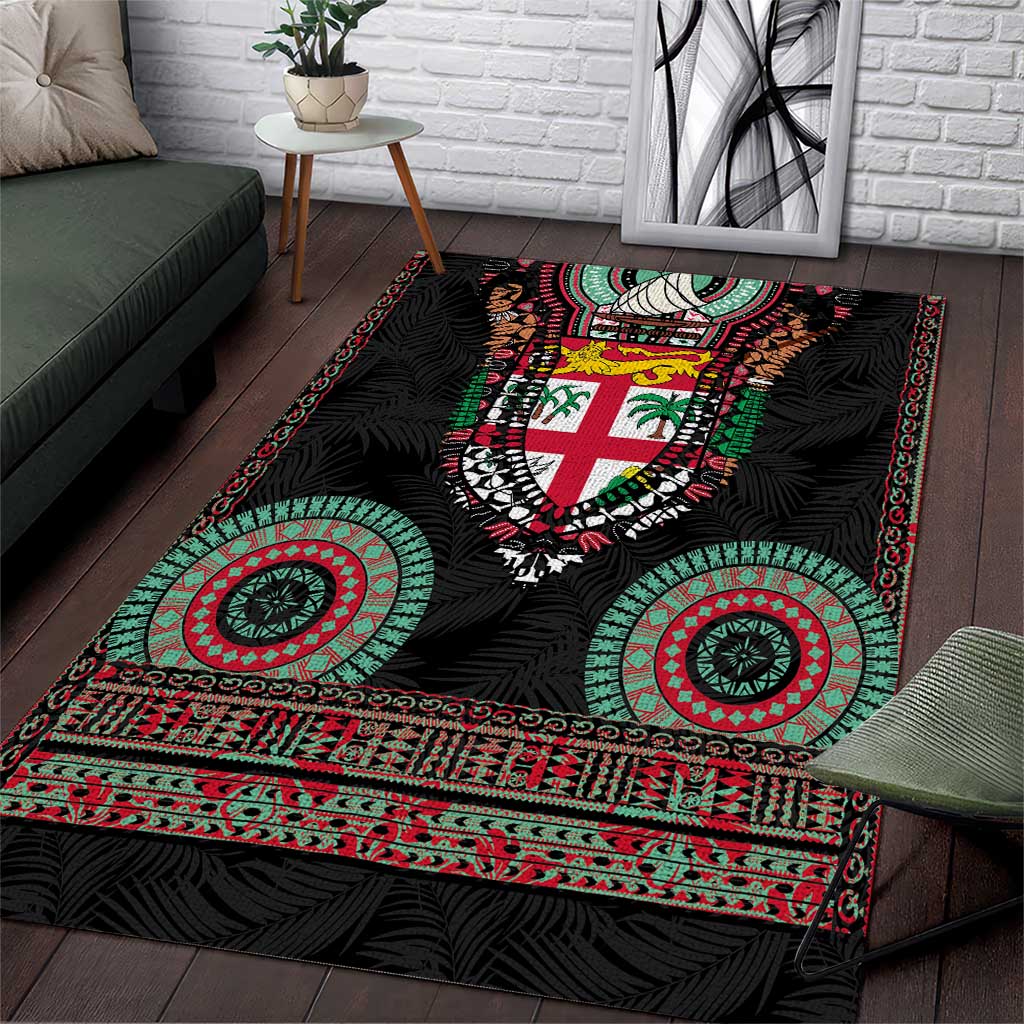 Fiji Coat of Arms Traditional Dashiki Area Rug Tapa Art and Palm Leaves Pattern Black Color LT03 Black - Polynesian Pride
