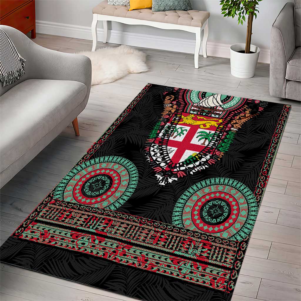 Fiji Coat of Arms Traditional Dashiki Area Rug Tapa Art and Palm Leaves Pattern Black Color LT03 - Polynesian Pride