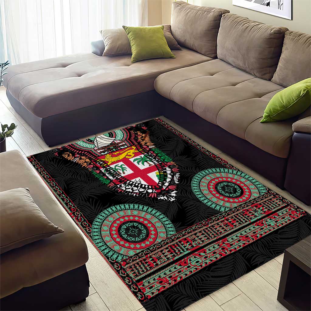 Fiji Coat of Arms Traditional Dashiki Area Rug Tapa Art and Palm Leaves Pattern Black Color LT03 - Polynesian Pride