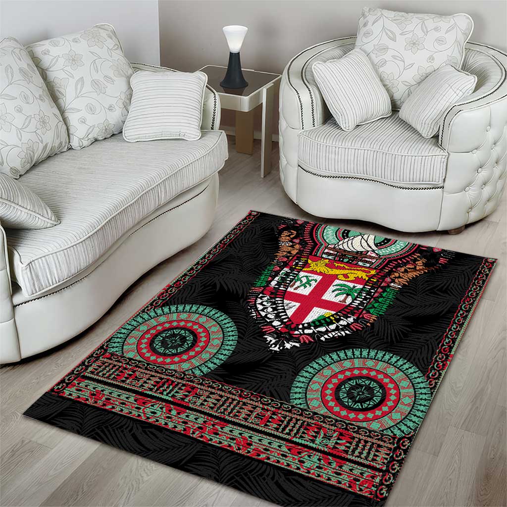 Fiji Coat of Arms Traditional Dashiki Area Rug Tapa Art and Palm Leaves Pattern Black Color LT03 - Polynesian Pride