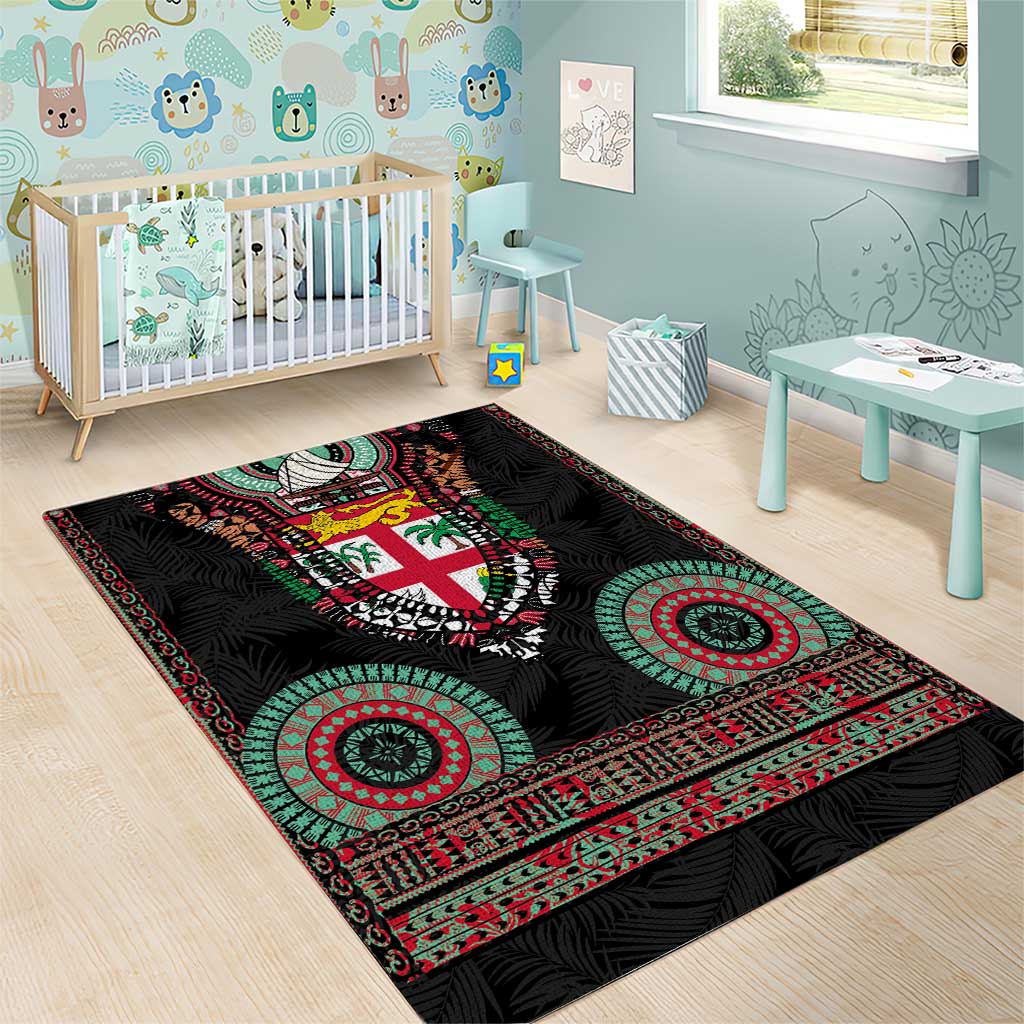 Fiji Coat of Arms Traditional Dashiki Area Rug Tapa Art and Palm Leaves Pattern Black Color LT03 - Polynesian Pride
